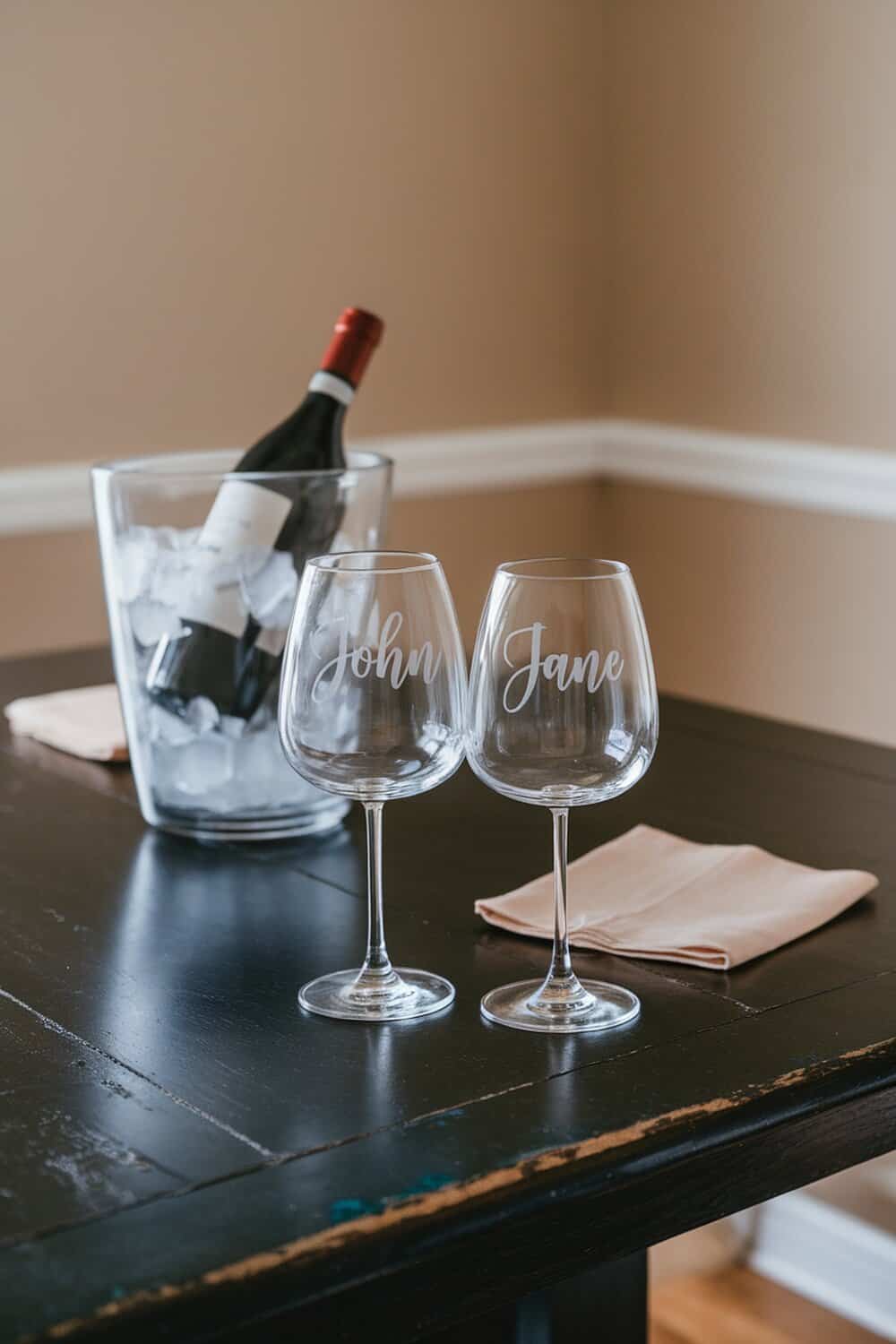 Two personalized wine glasses with names 'John' and 'Jane' next to a bottle of wine in an ice bucket.