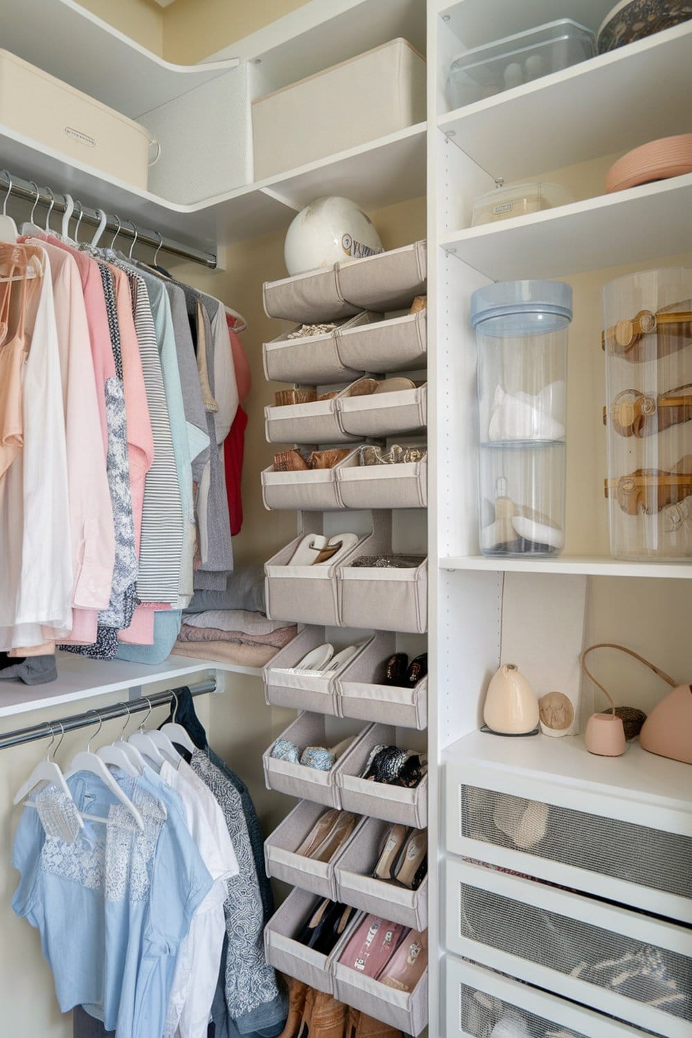 A well-organized closet with hanging organizers and stackable bins.
