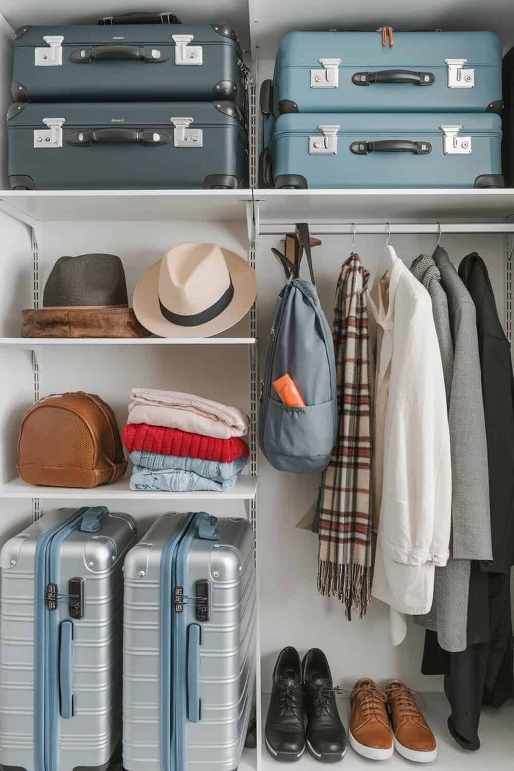 Organized travel gear including suitcases, hats, and clothing on shelves.