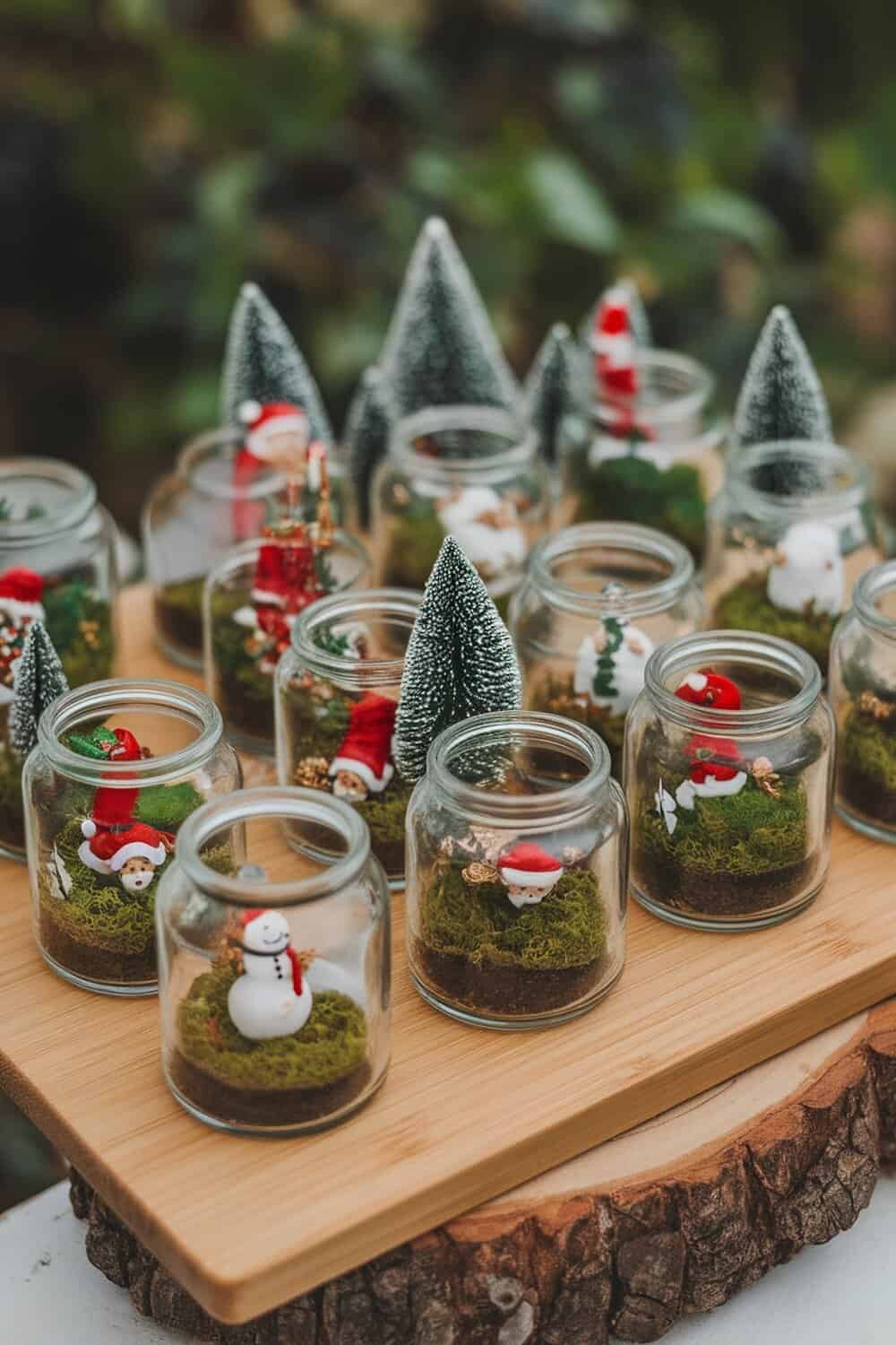A collection of holiday jar terrariums featuring miniature decorations like snowmen and Santa figures.