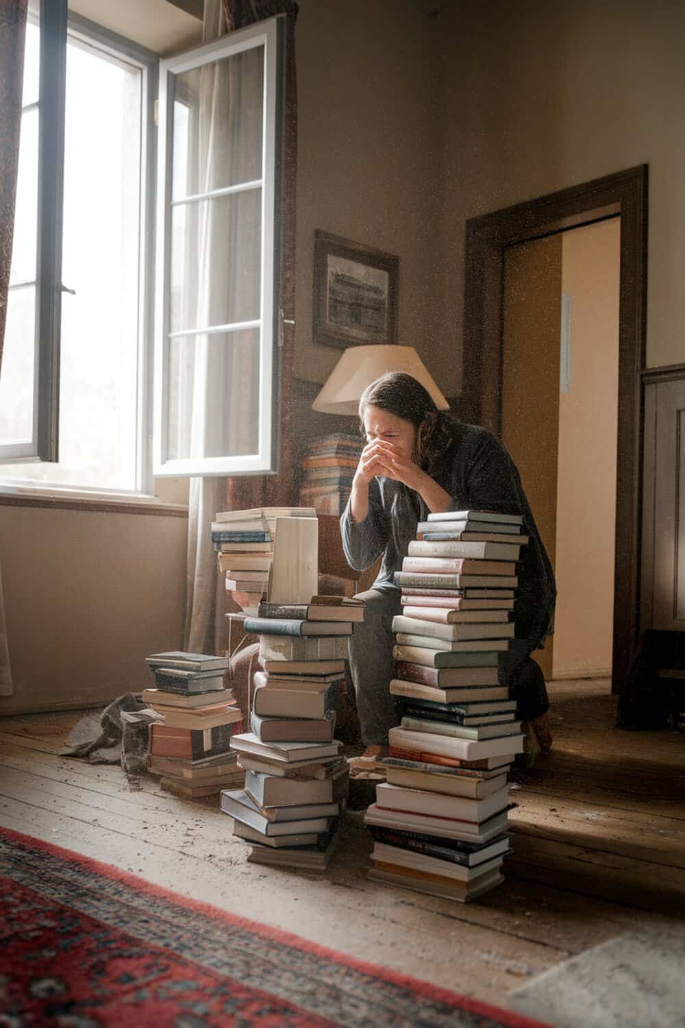 A person sitting among stacks of books, looking stressed in a dusty room.