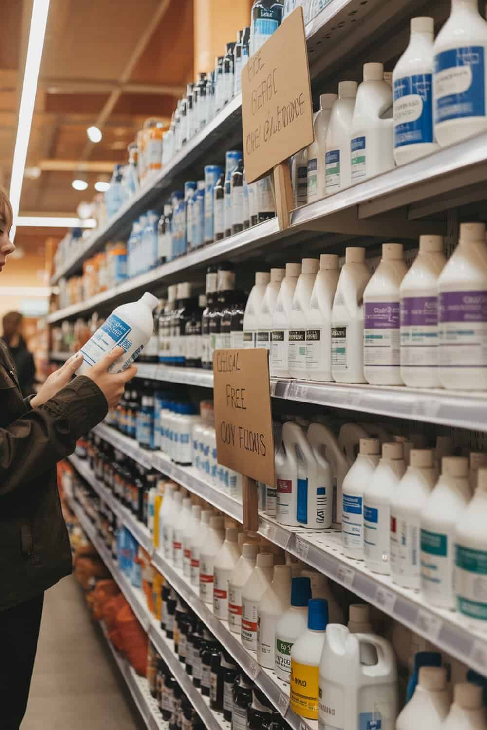 A person examining cleaning products in a store aisle with signs indicating chemical-free options.
