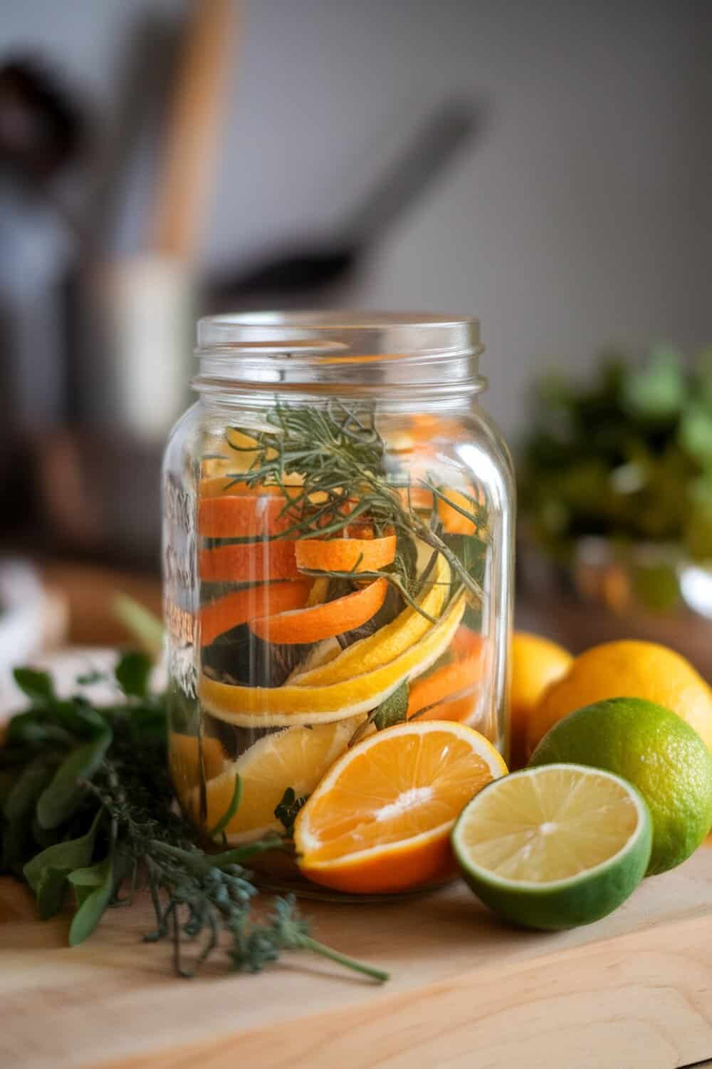 A jar filled with citrus peels and herbs, showcasing a natural air freshener infusion.