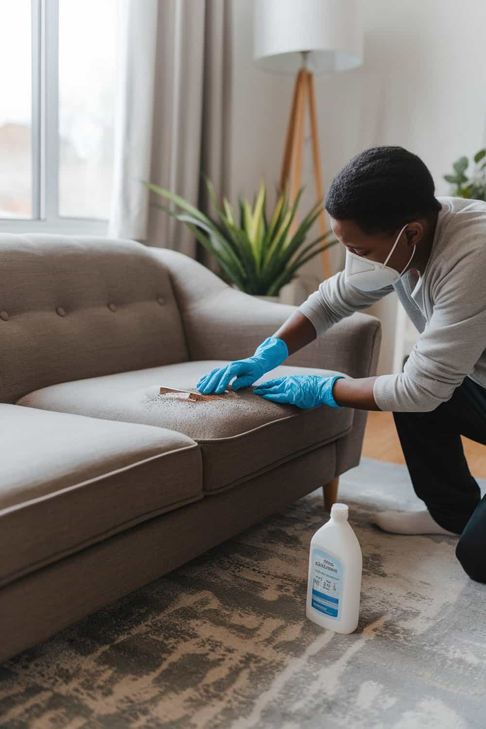 Person cleaning a stain on a couch with gloves and a cleaner