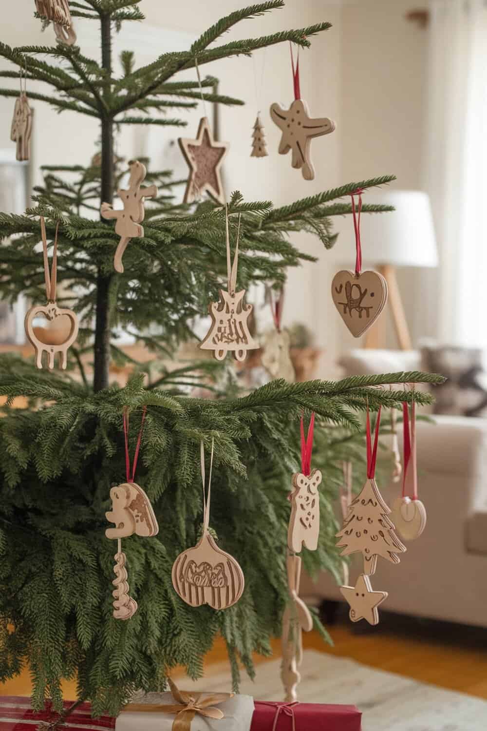 Handcrafted wooden ornaments hanging on a Christmas tree.