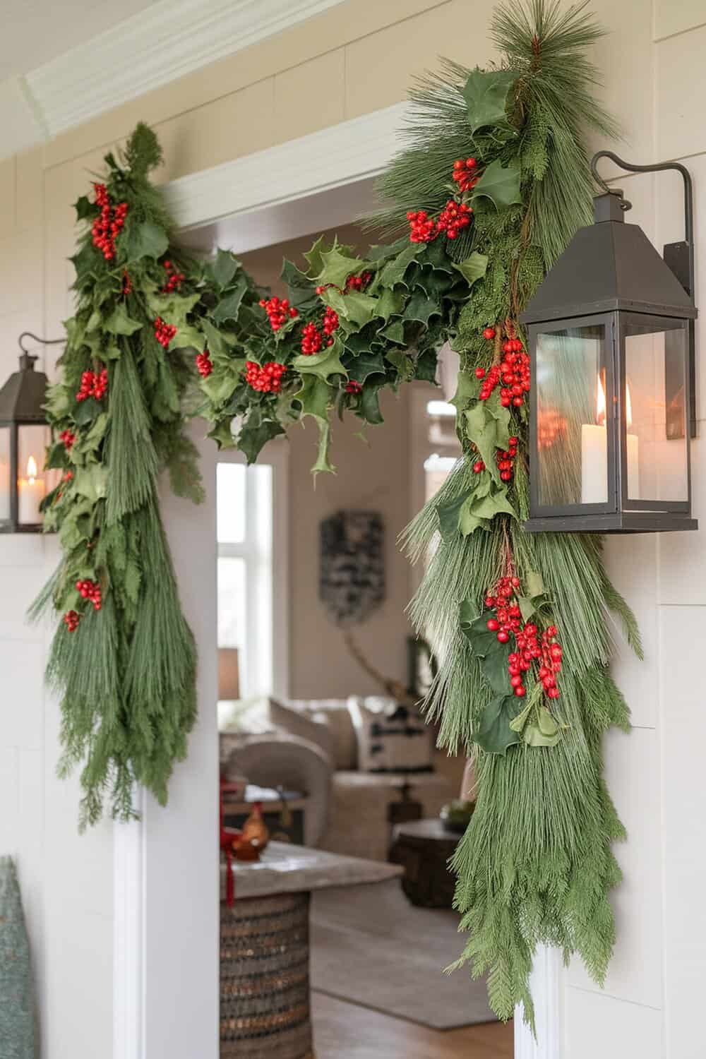 A beautiful swag made of pine and cedar with red berries, hanging near a lantern.
