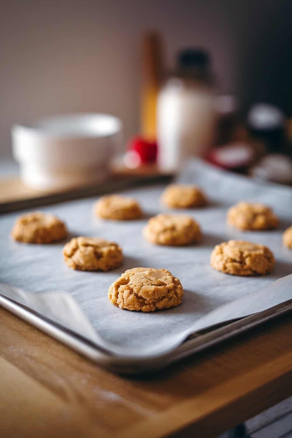 Baking sheet lined with parchment paper and cookie dough balls ready for baking.