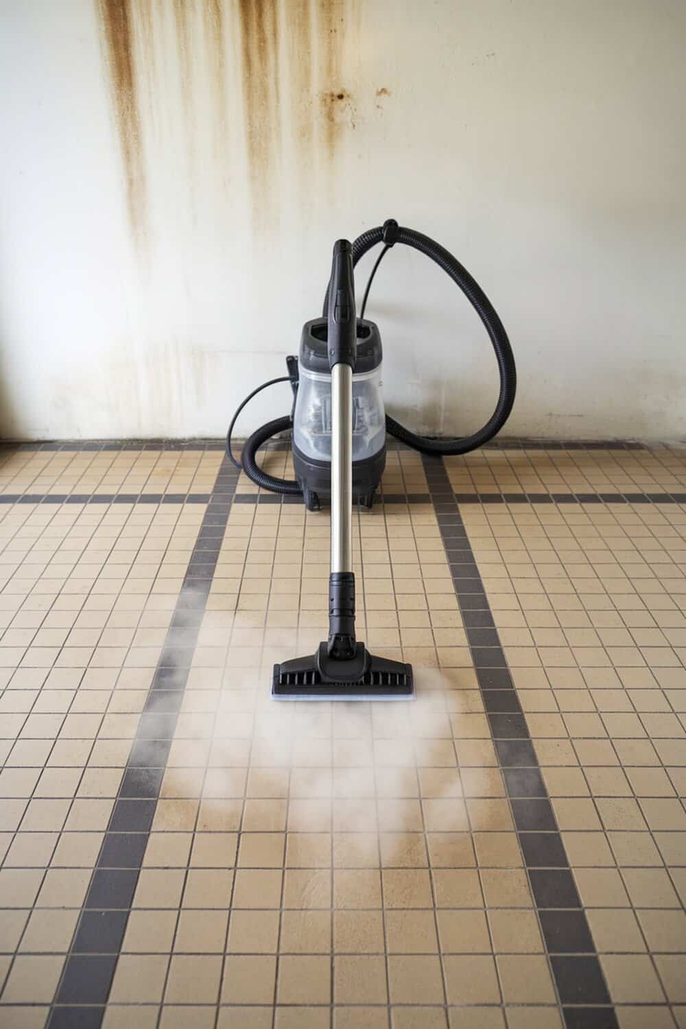 A steam cleaner on tiled flooring, emitting steam.