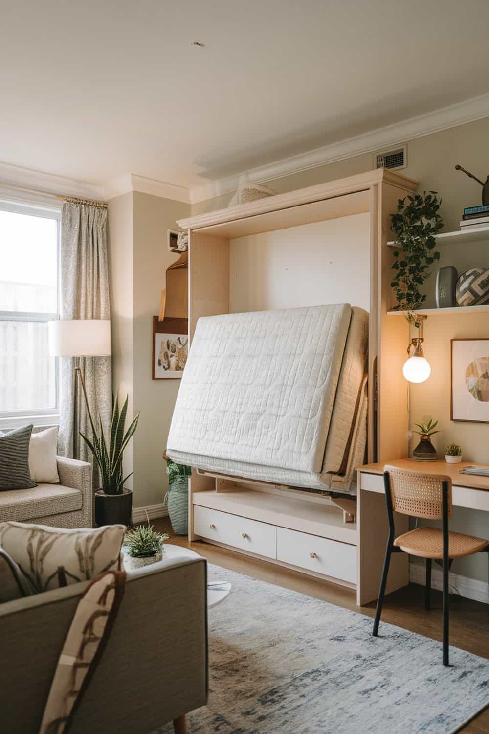 A cozy living room featuring a Murphy bed partially folded up against the wall.