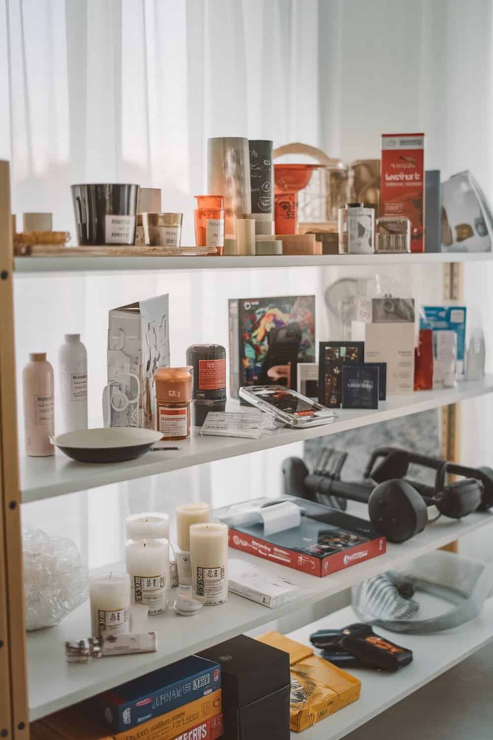 A shelf filled with various items including candles, books, and household goods.