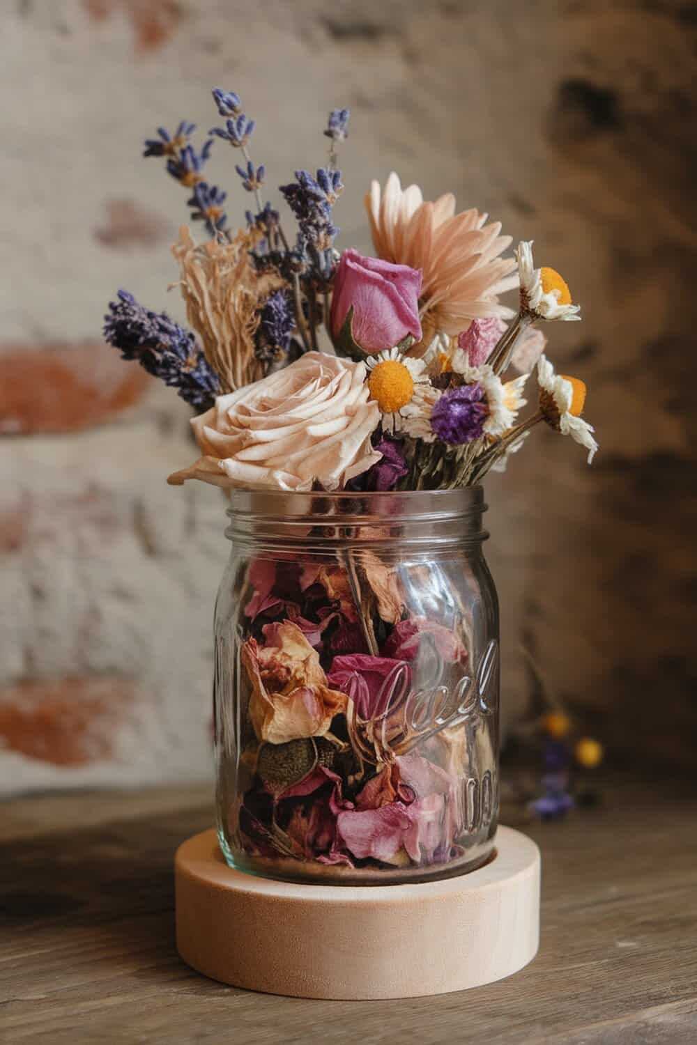 A jar filled with dried flowers including lavender, rose petals, and chamomile, sitting on a wooden base.