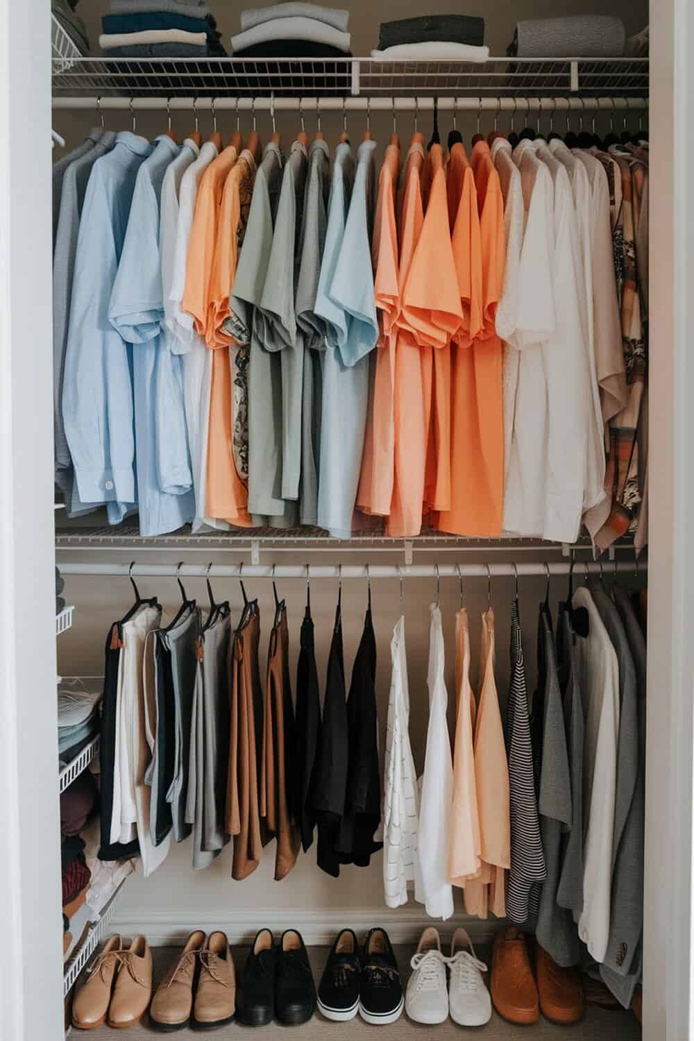 A neatly organized closet with shirts and shoes arranged by color and type.