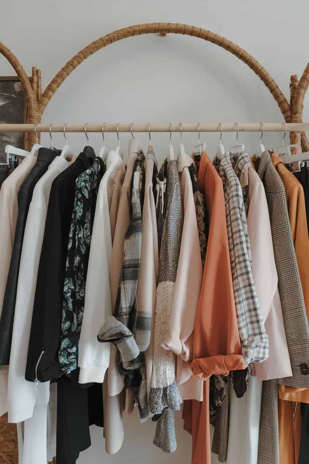 A clothing rack displaying various colorful garments.