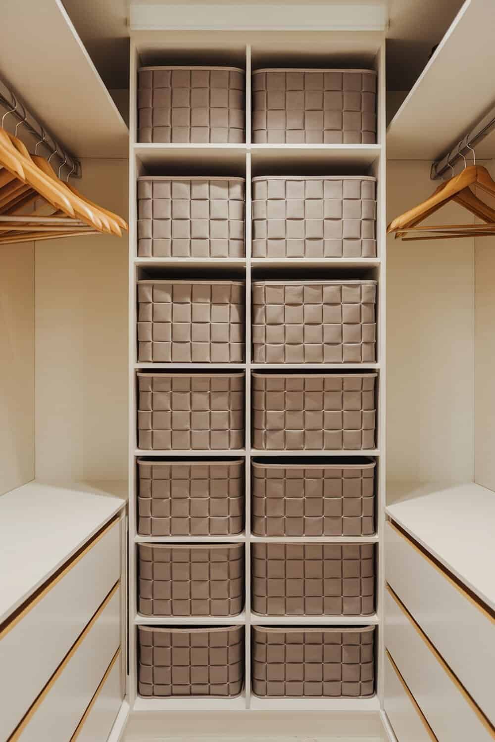 A neatly organized wardrobe with collapsible storage cubes on shelves.