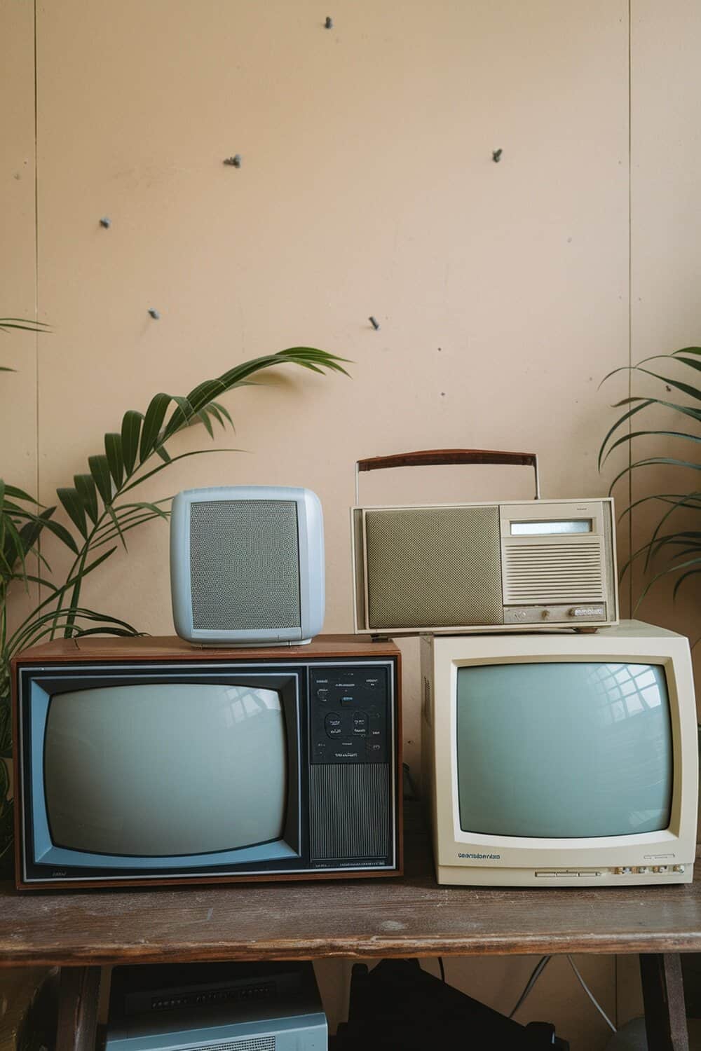 A collection of old electronics including televisions and a radio, displayed on a wooden shelf.