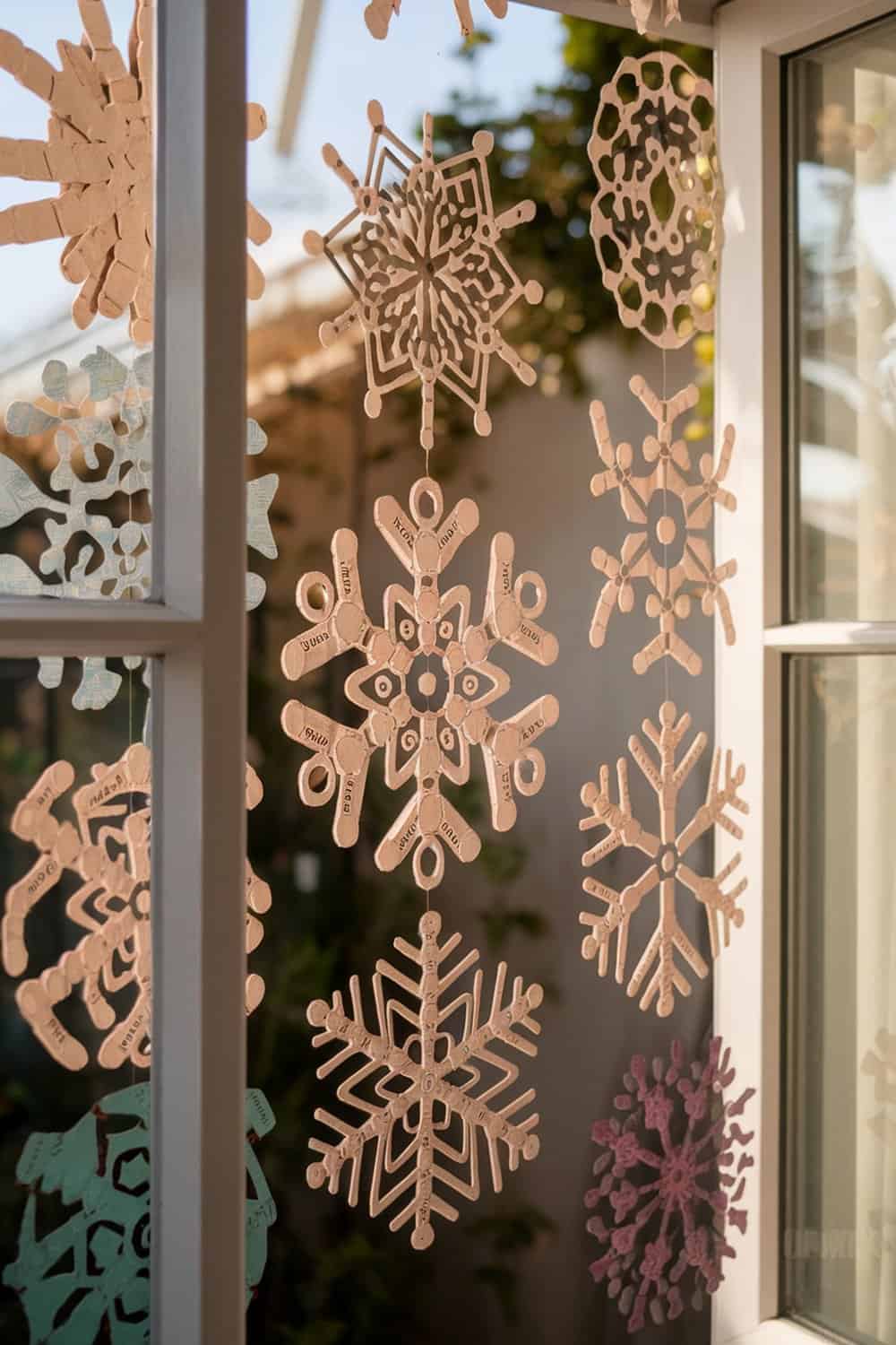 Colorful upcycled paper snowflakes hanging in a window.