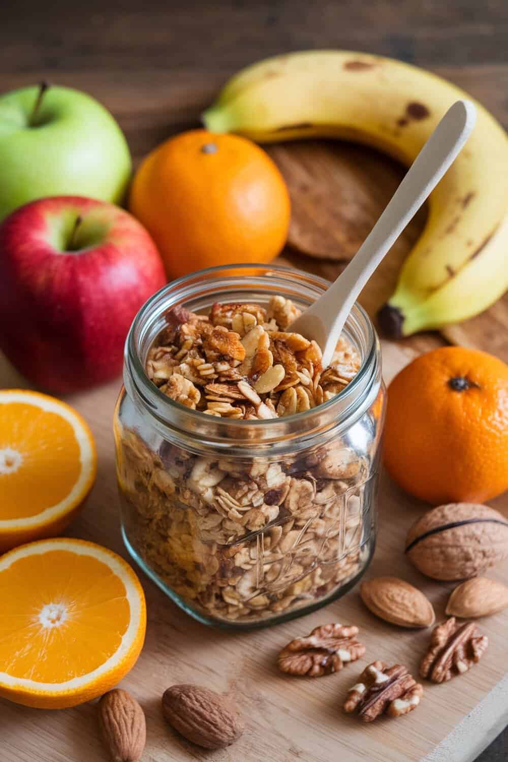 A jar of homemade granola surrounded by fresh fruits and nuts.