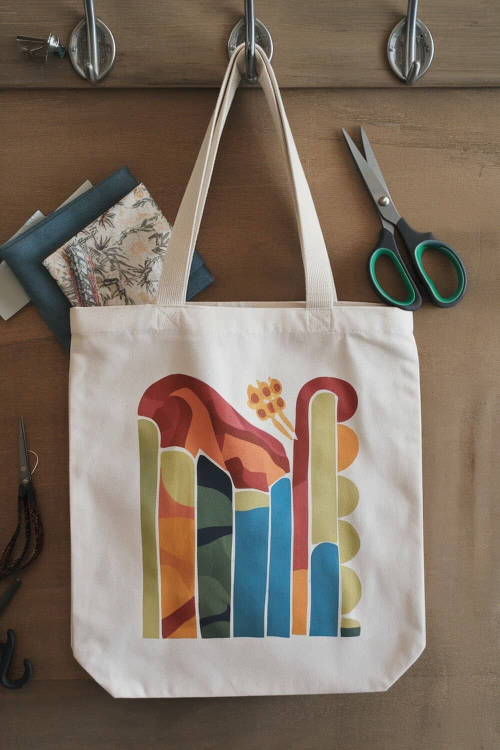 A customized tote bag with a colorful abstract design hanging on a hook, surrounded by scissors and fabric swatches.