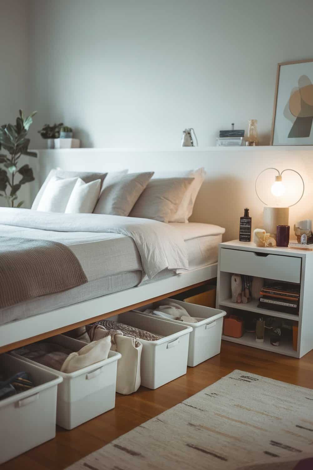 A cozy bedroom with a bed featuring storage bins underneath, showcasing organized items.