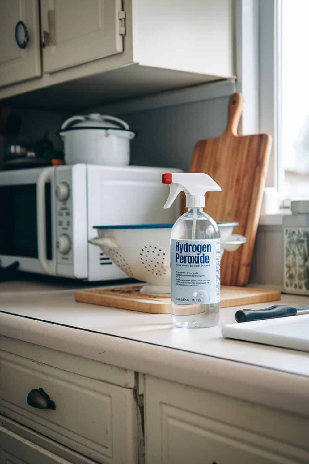 A bottle of hydrogen peroxide spray on a kitchen countertop next to a microwave.