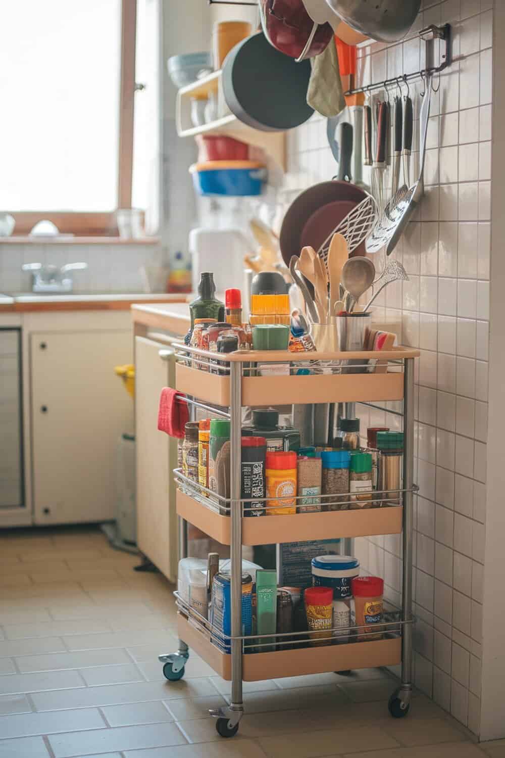 A kitchen cart filled with various spices and cooking utensils.