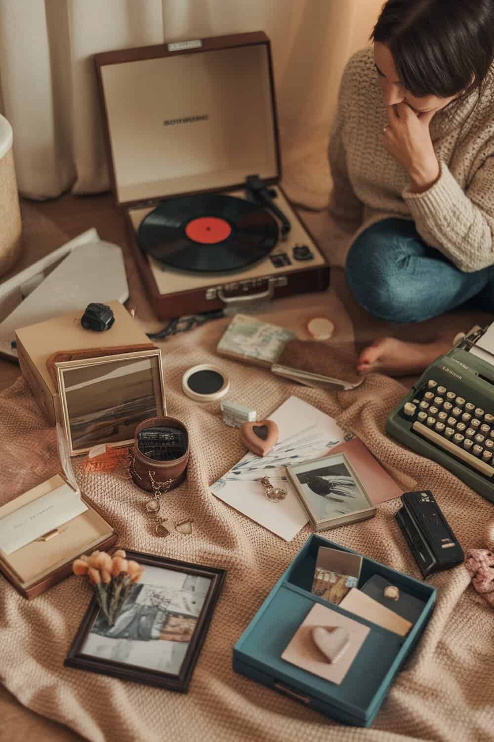 A person sitting on a blanket surrounded by sentimental items like a record player, photos, and keepsakes.