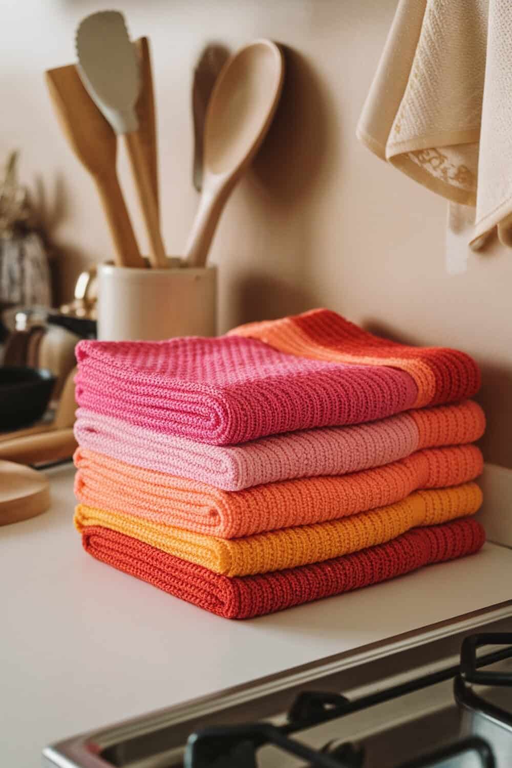 A stack of colorful knitted dishcloths on a kitchen counter.