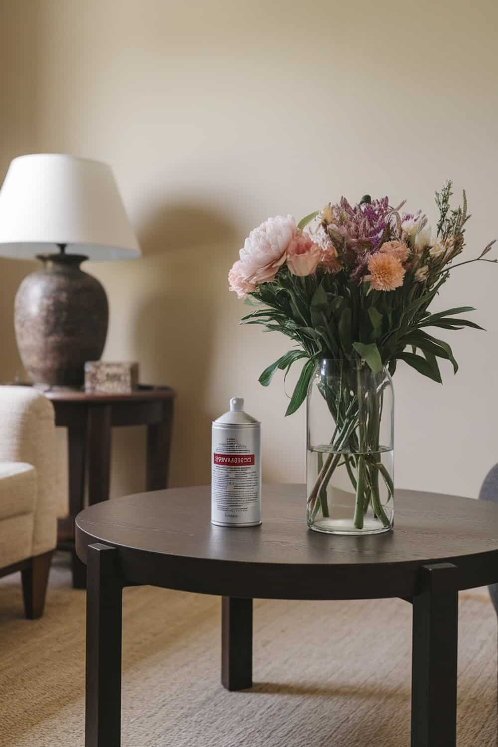 A can of air freshener next to a vase of flowers on a table.