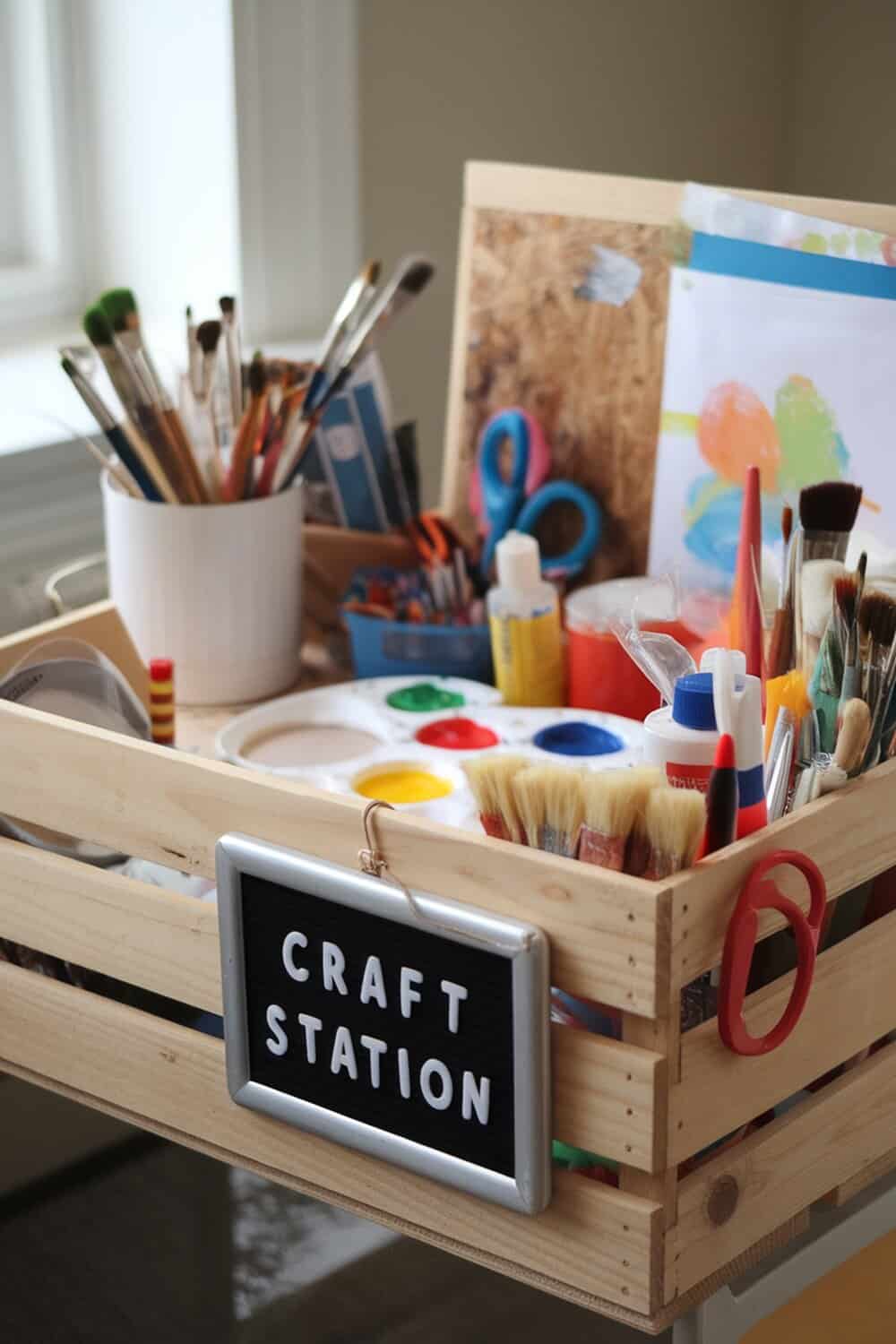 A wooden crate filled with art supplies, labeled as a craft station.
