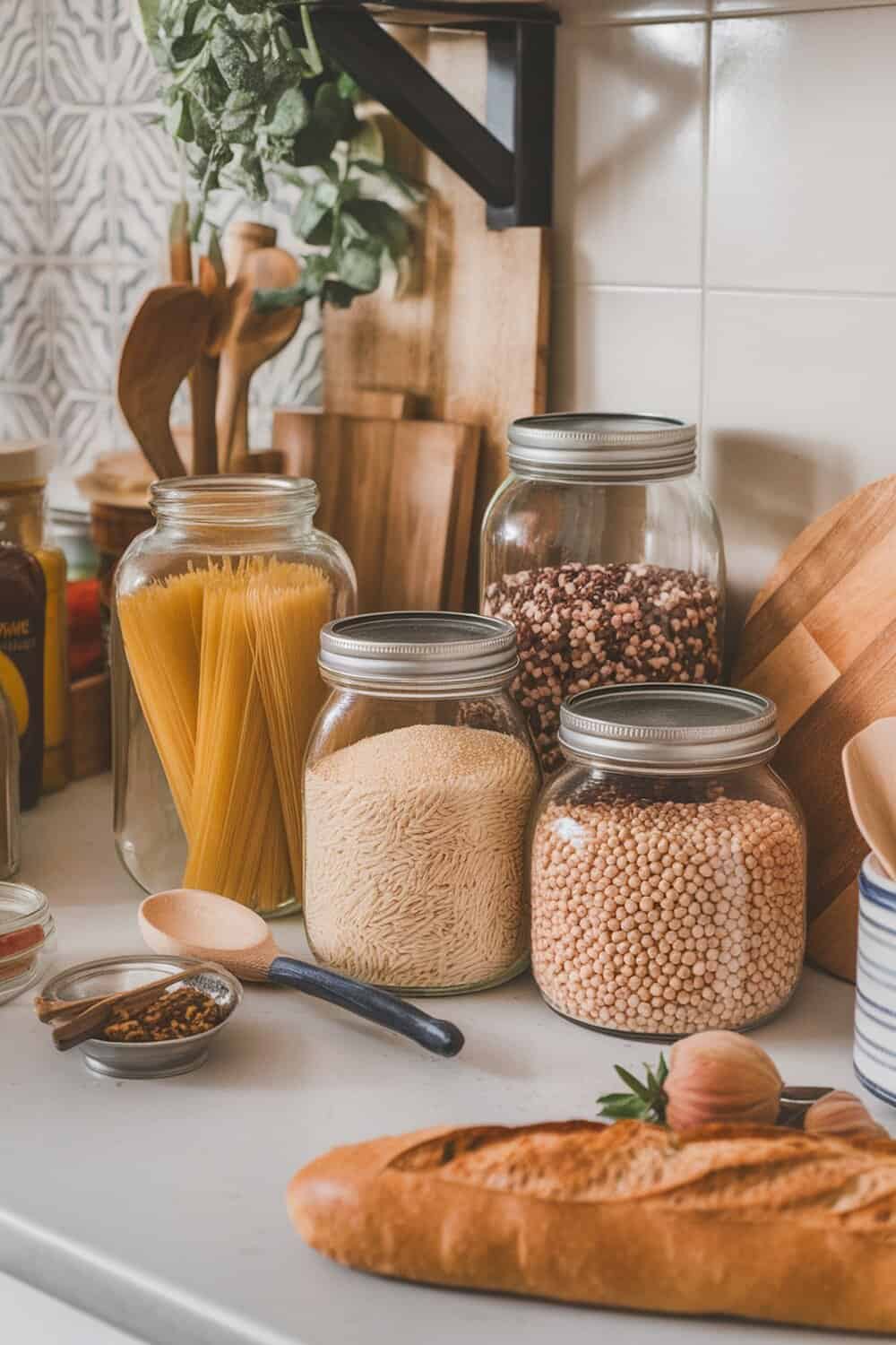 A collection of glass jars filled with pasta, grains, and spices on a kitchen counter.
