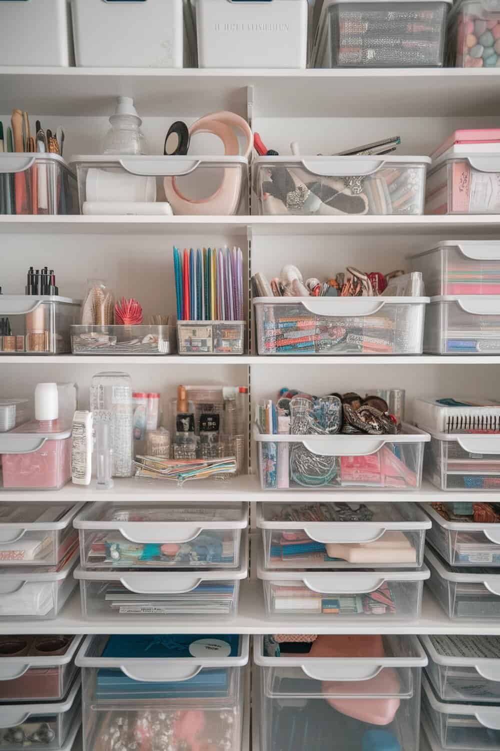 A neatly organized shelf with clear bins containing various craft supplies and stationery.