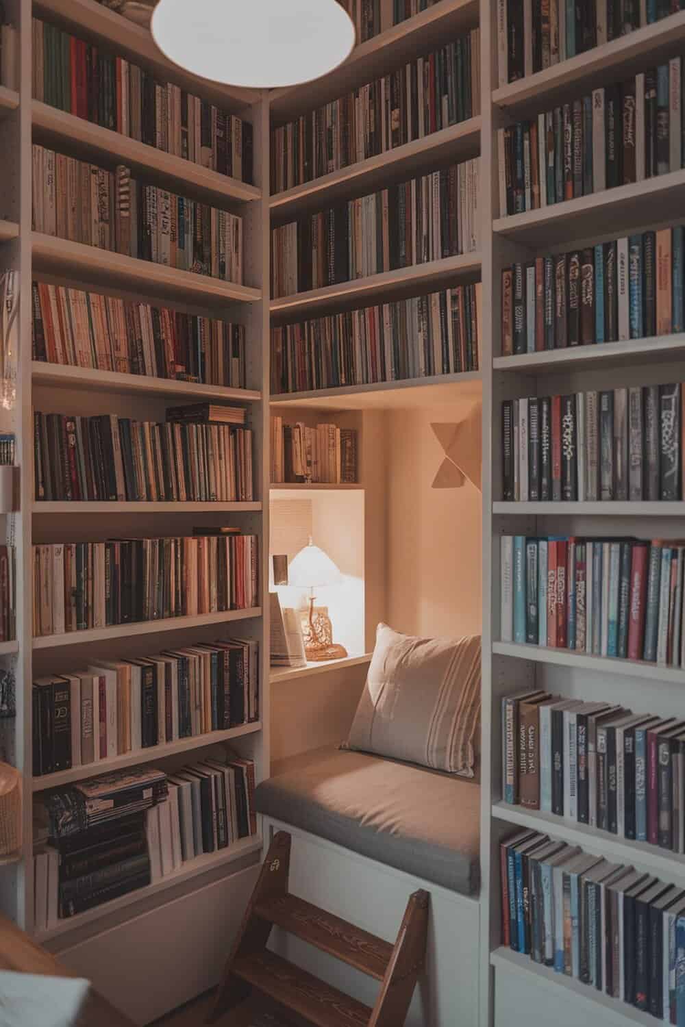 A cozy home library with bookshelves filled with books and a comfortable reading nook.