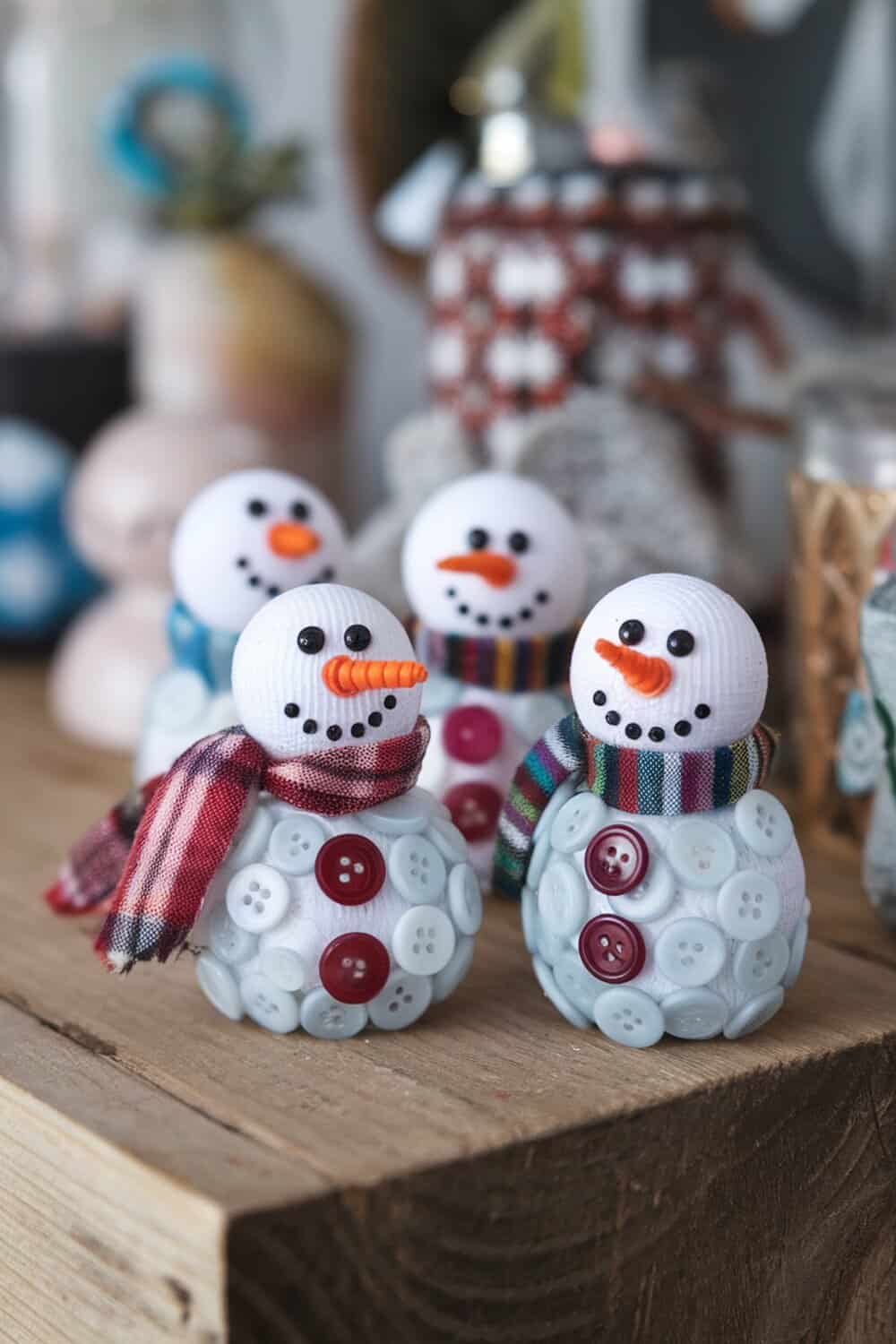Cute button snowmen decorations made from buttons and craft materials.