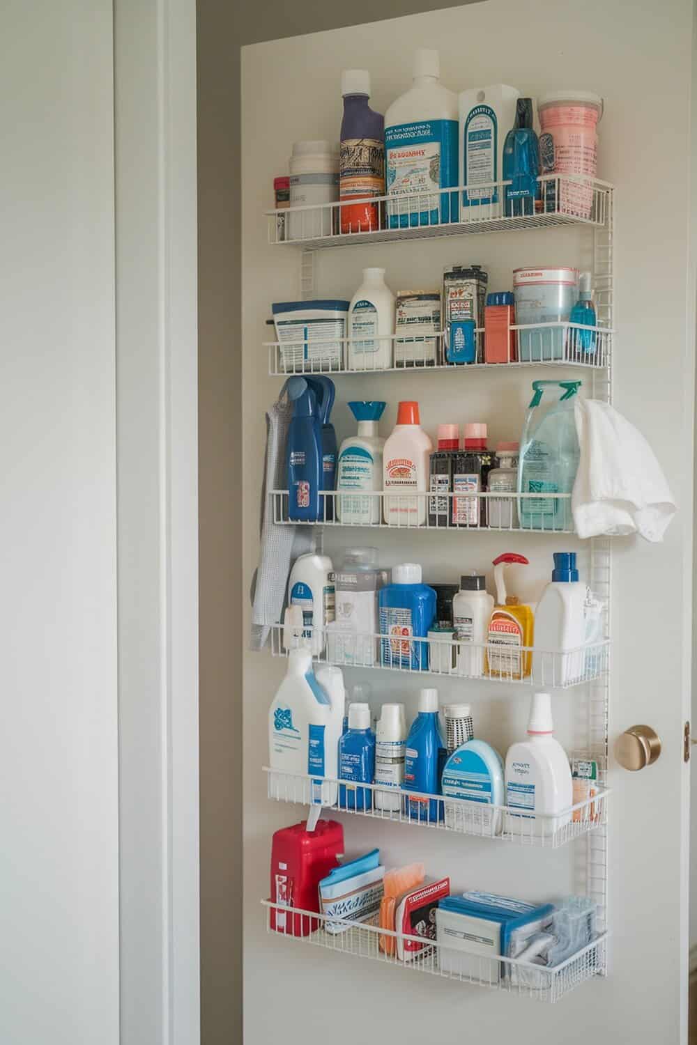 Over-the-door storage rack filled with various cleaning and personal care products.