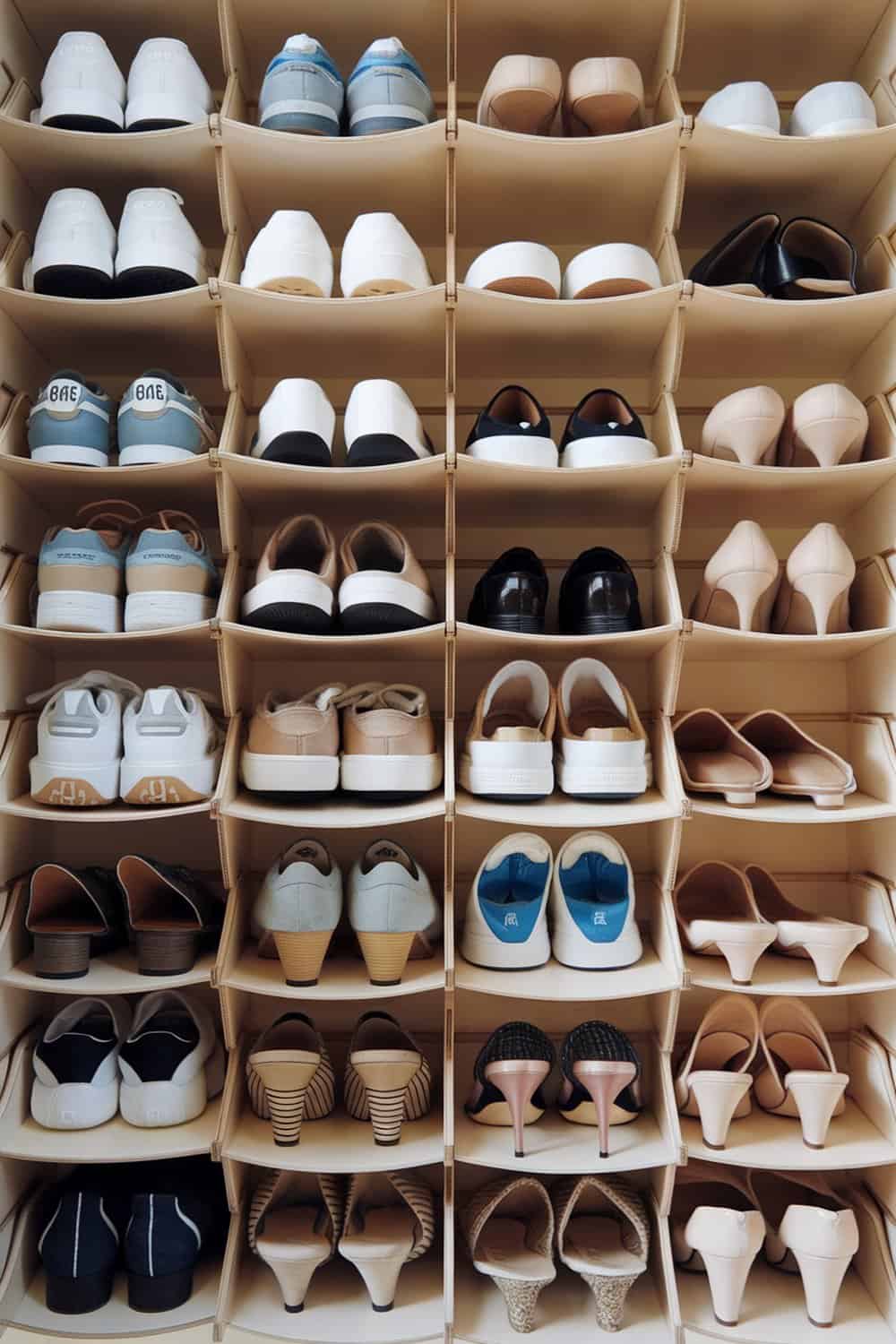A neatly organized shoe rack displaying various pairs of shoes.
