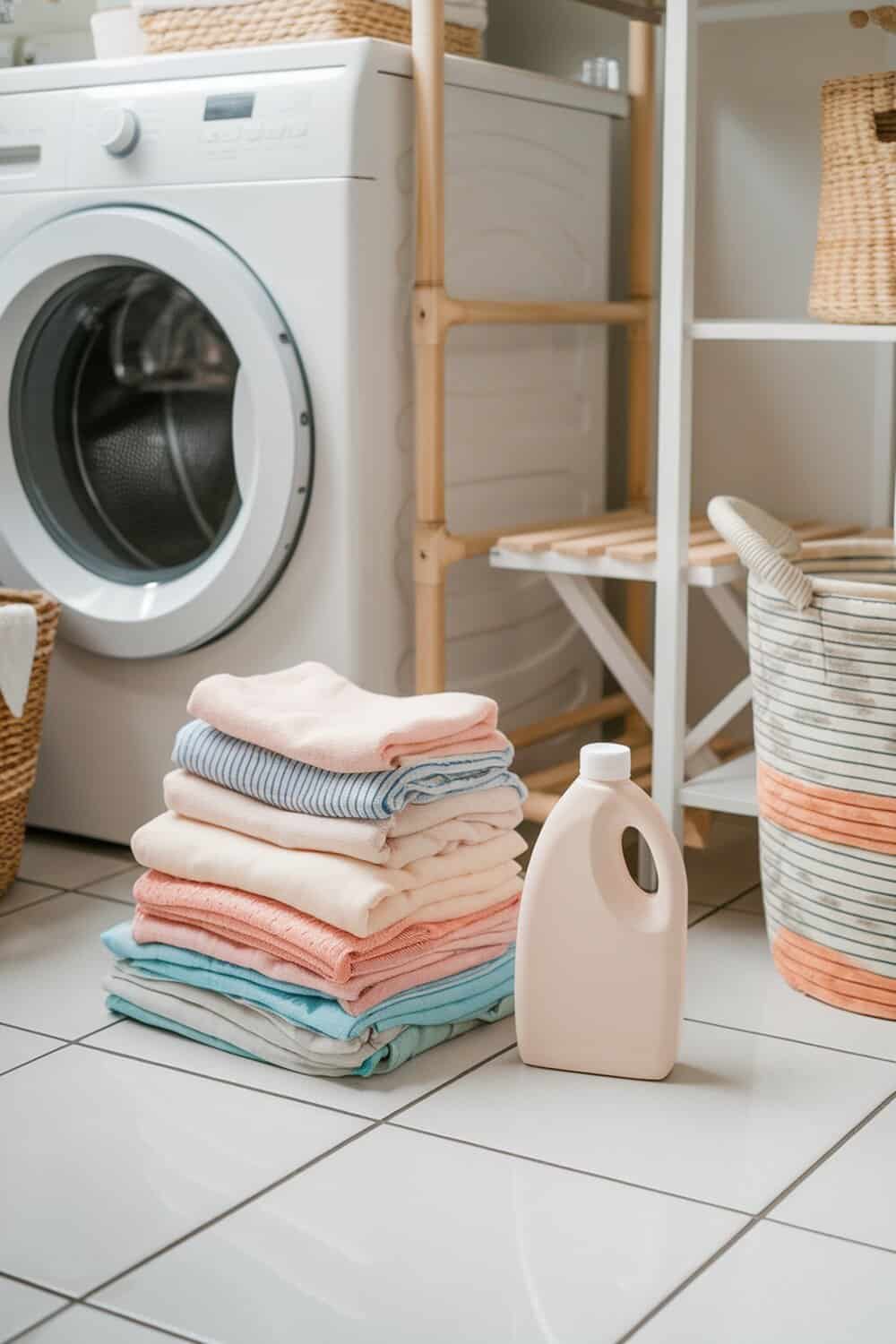 A bottle of fabric softener next to neatly folded towels in a laundry room.