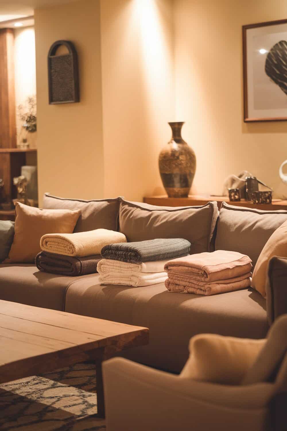 Neatly folded throws and blankets on a couch.