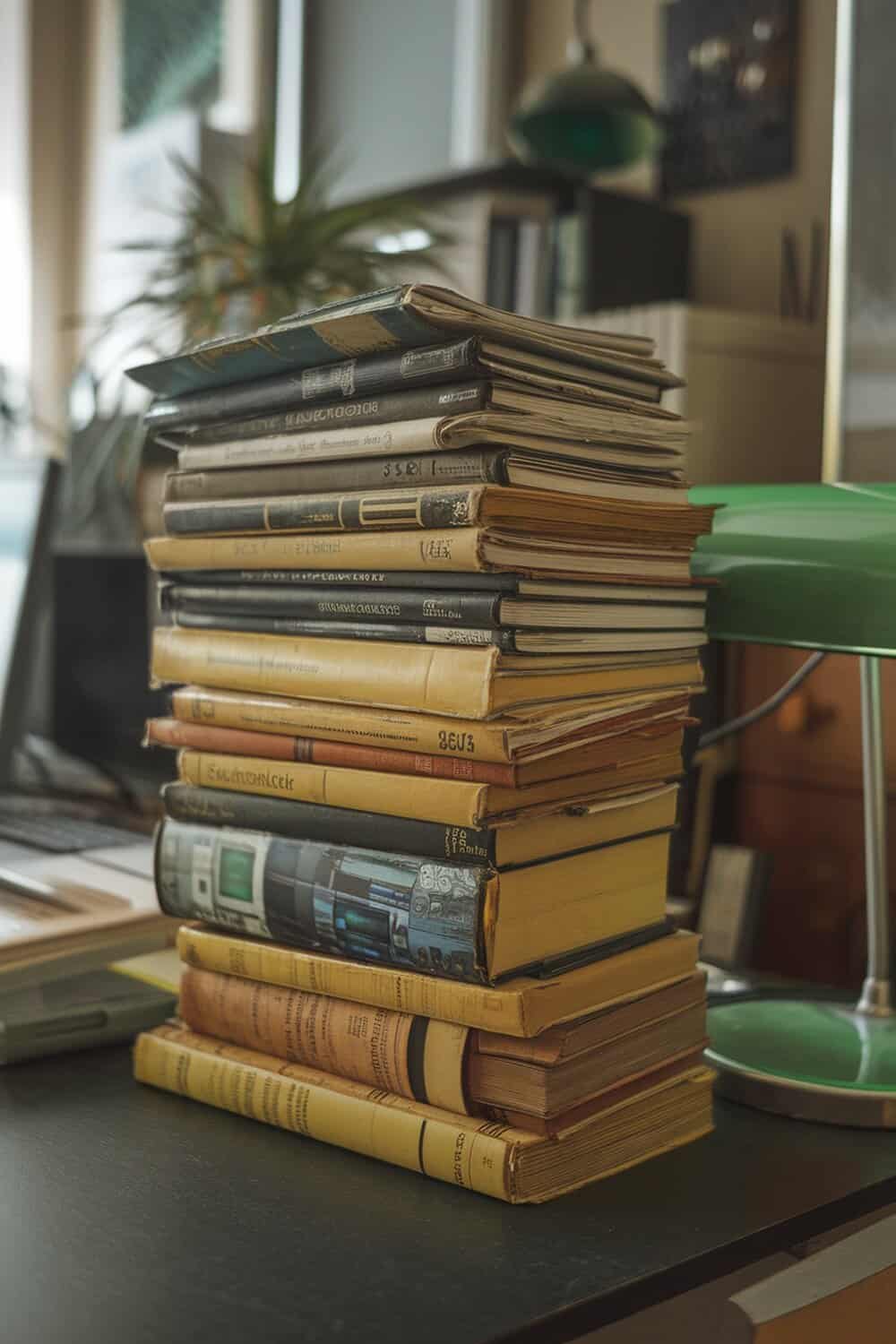 A stack of outdated technology manuals on a desk.