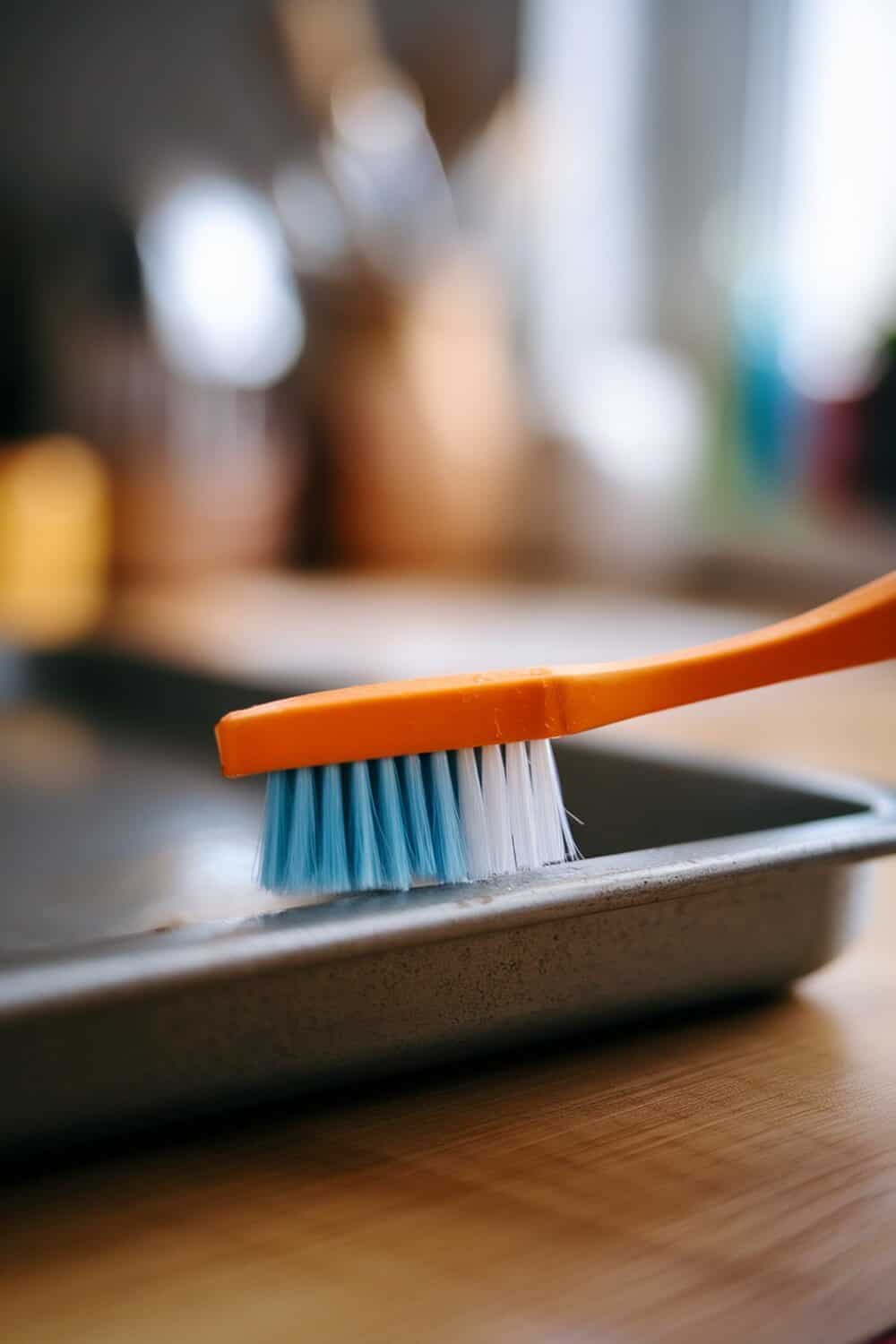 A toothbrush being used to clean a cookie sheet.