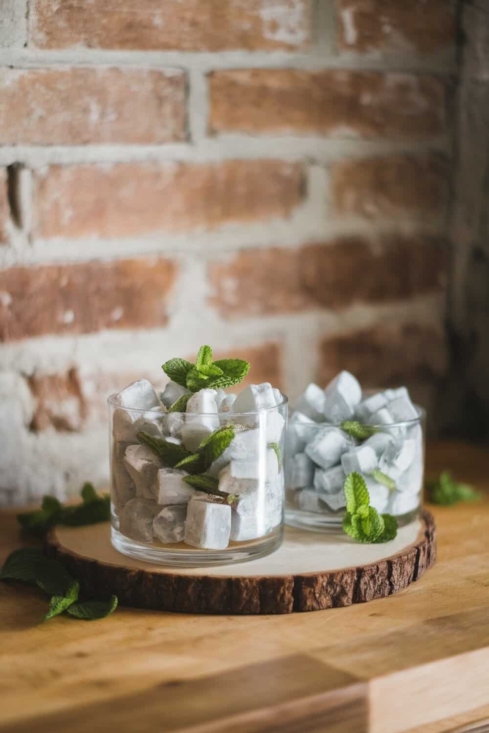 Glass containers filled with minty scent crystals, garnished with fresh mint leaves.