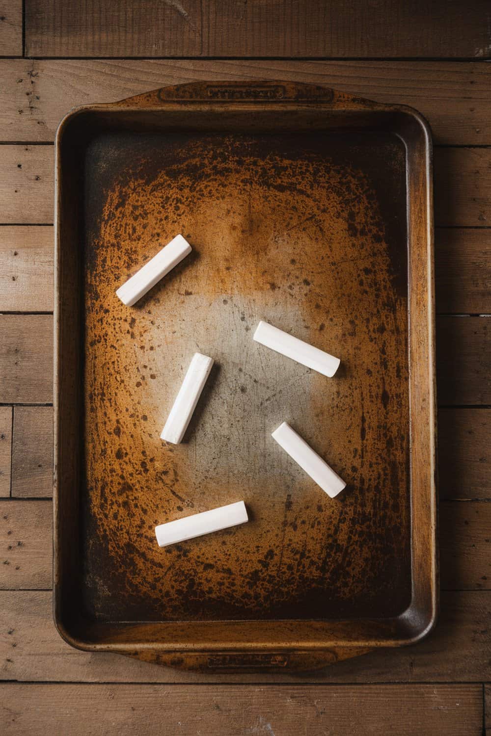 A cookie sheet with several pieces of chalk placed on it.