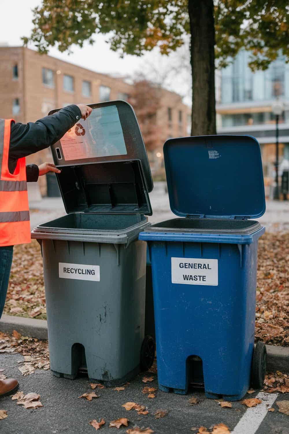Person emptying recycling and general waste bins outdoors.