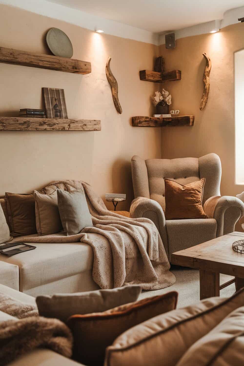 A cozy living room with soft textiles, including throws and cushions in warm tones.