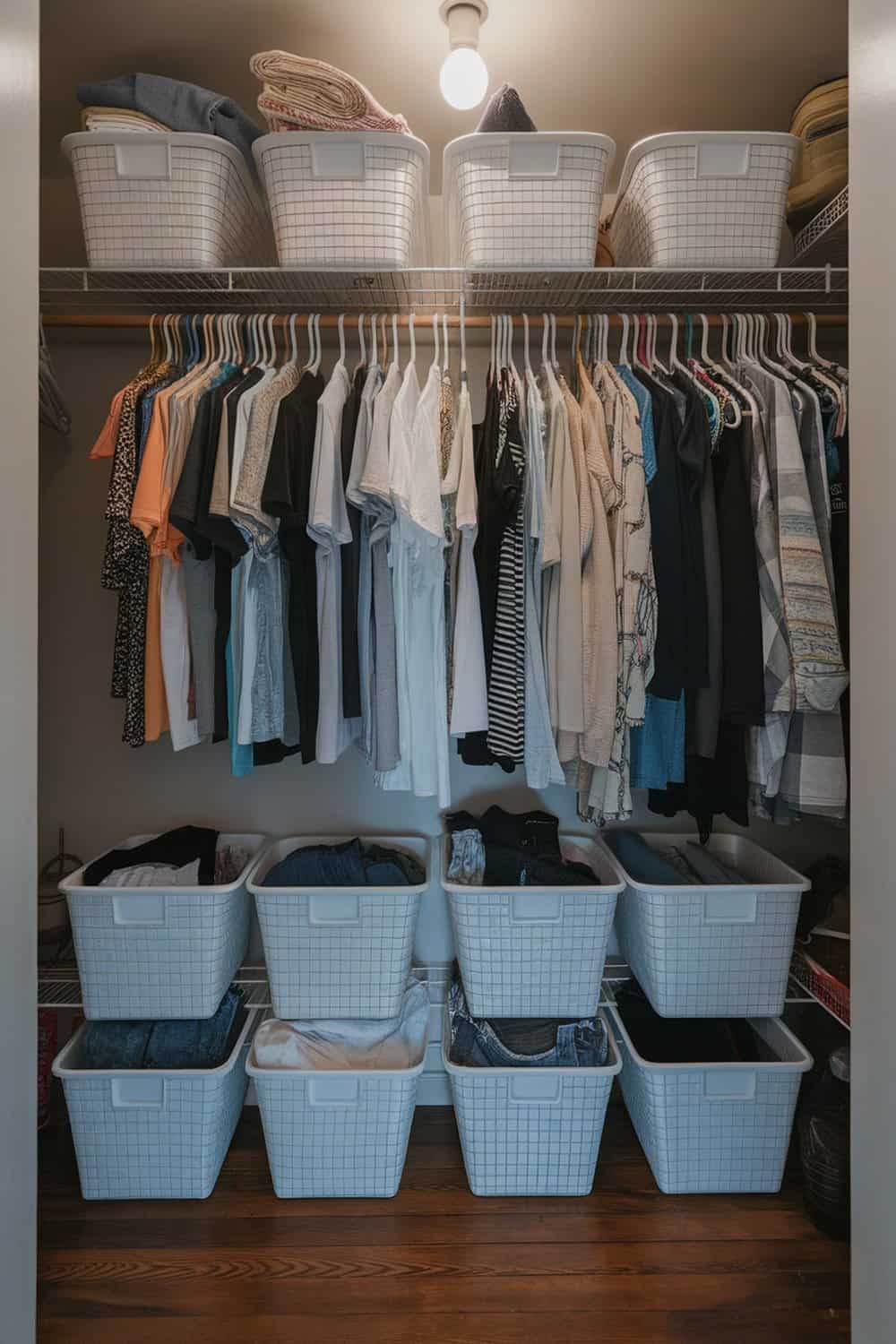 A tidy wardrobe with clothes hung neatly and baskets on shelves for storage.