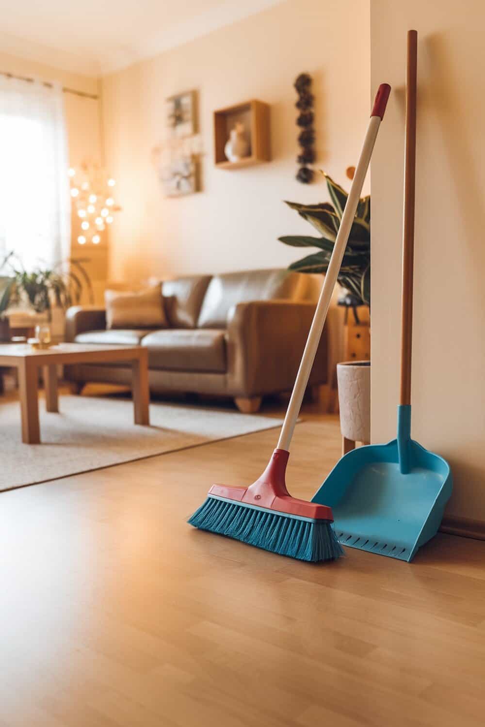 A broom and dustpan leaning against a wall in a cozy living room setting.