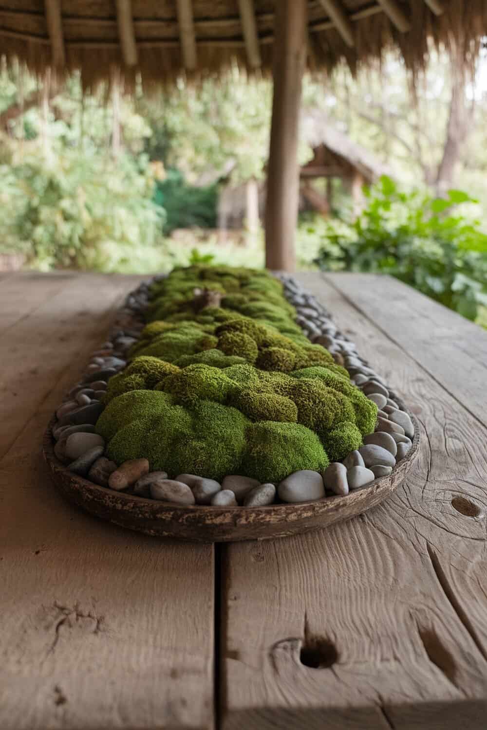 A beautiful arrangement of green moss and smooth stones on a wooden table.