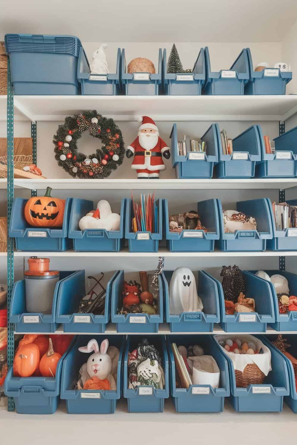 Organized seasonal decorations in labeled bins on shelves.