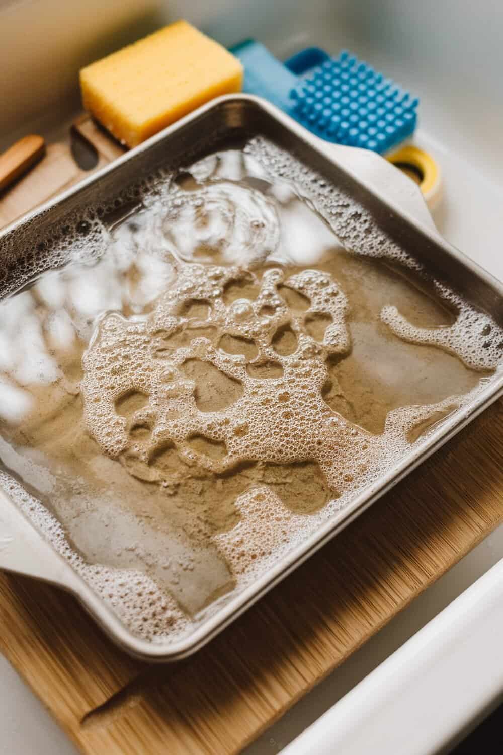 A soapy cookie sheet soaking in warm water with a sponge nearby.