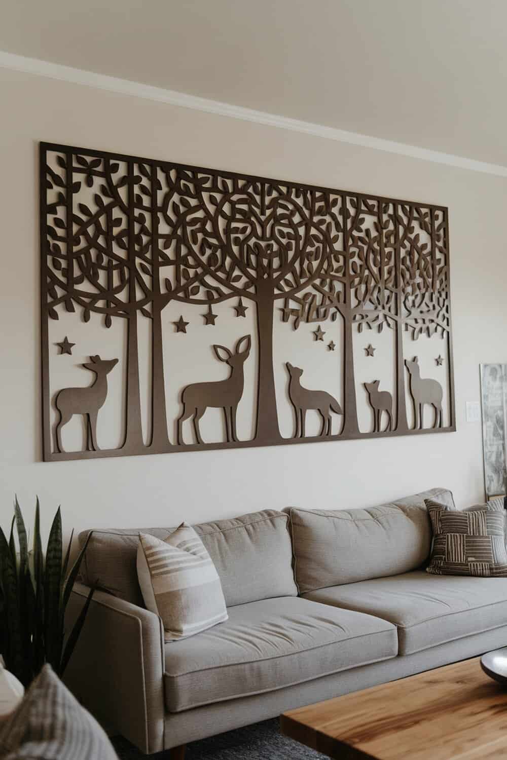 A decorative wall art piece featuring trees and deer, enhancing the living space.