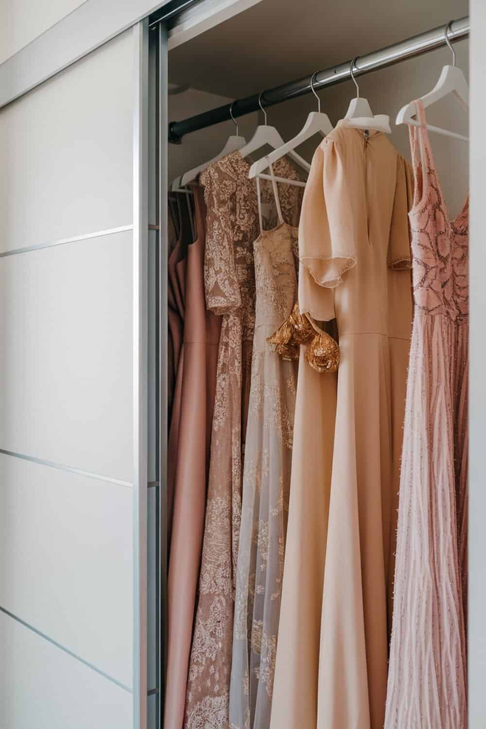 A closet with hanging rods displaying long dresses in soft colors.